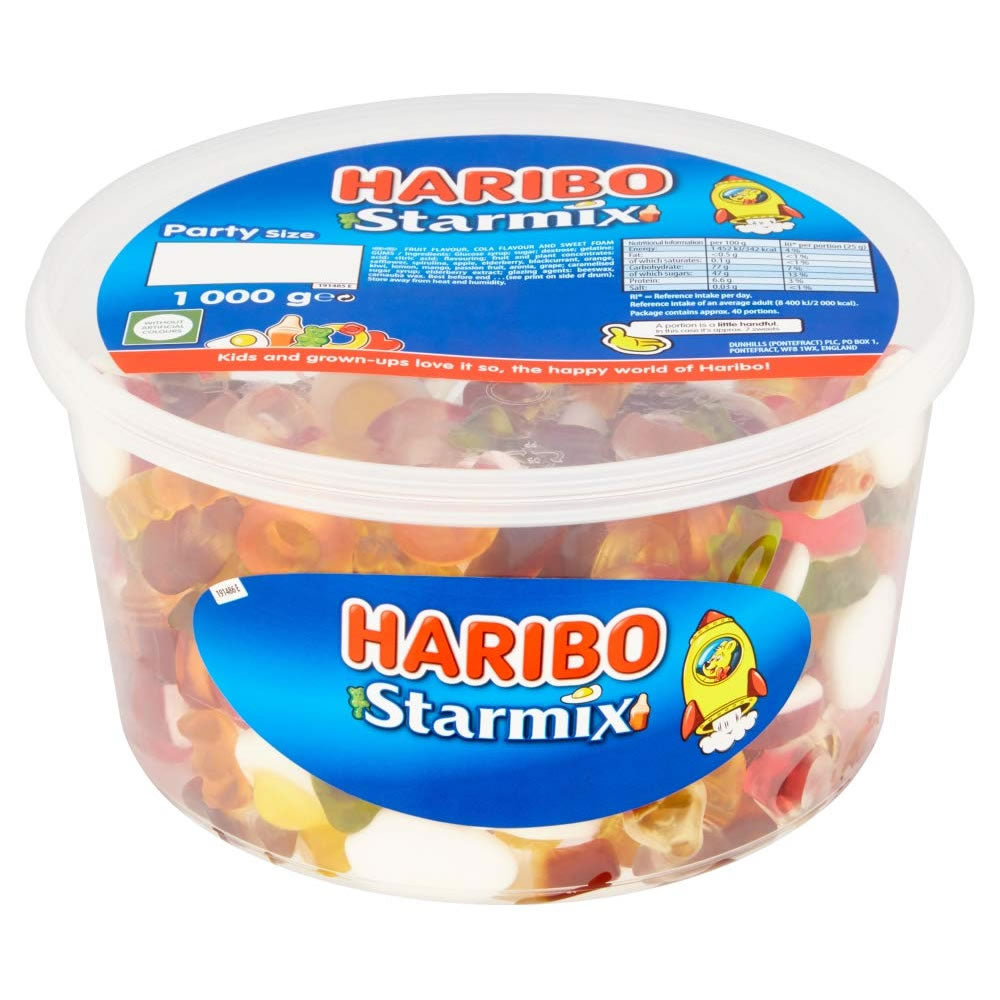 Haribo Starmix Tub filled with classic gummy sweets and foam sweets