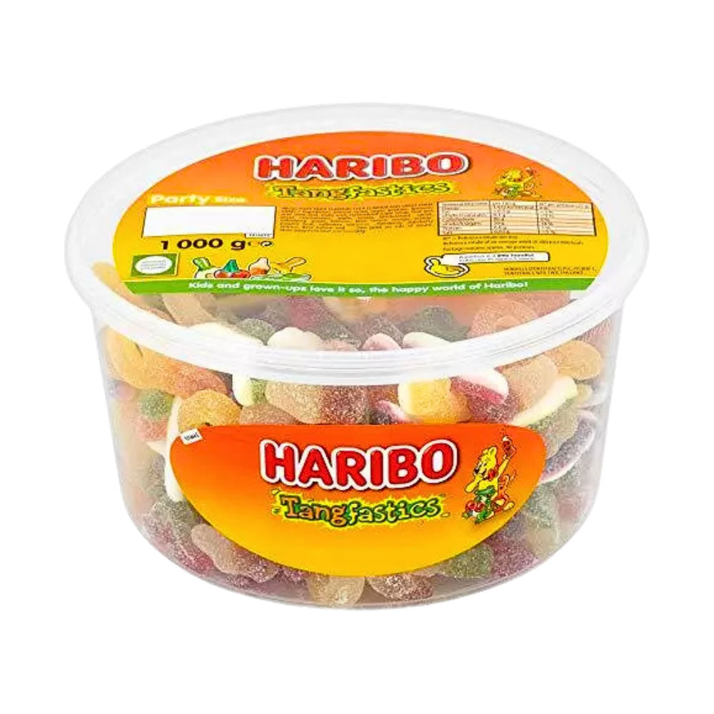Haribo Tangfastics Tub featuring fizzy gummy sweets and sour favourites